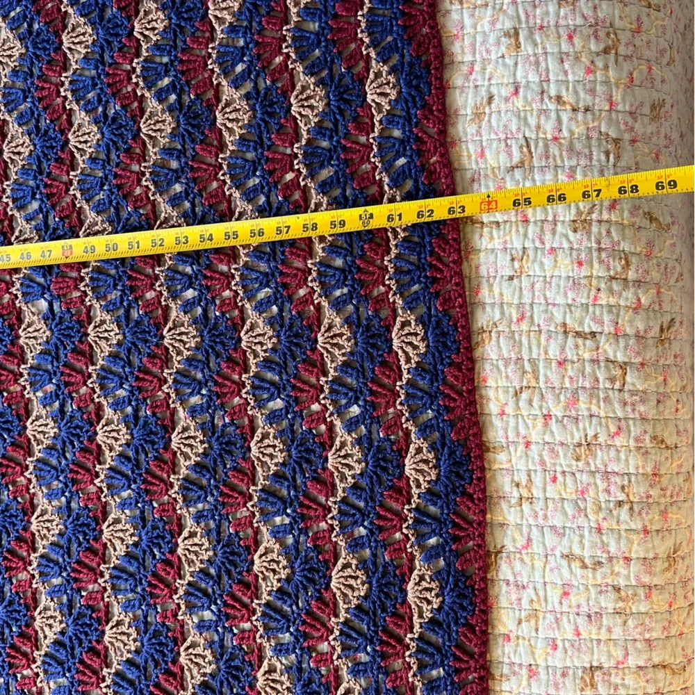 Vintage handmade loose open knit tan red blue throw blanket